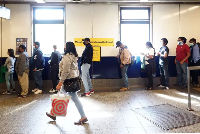 People line up to receive a COVID-19 vaccination at the Broadway Junction subway station in Brooklyn, May 12th, 2021